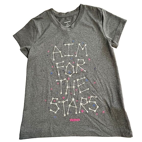 🌴 Reebok AIM FOR THE STARS DriFit T-Shirt Girls S(8-10) Grey - Picture 1 of 8